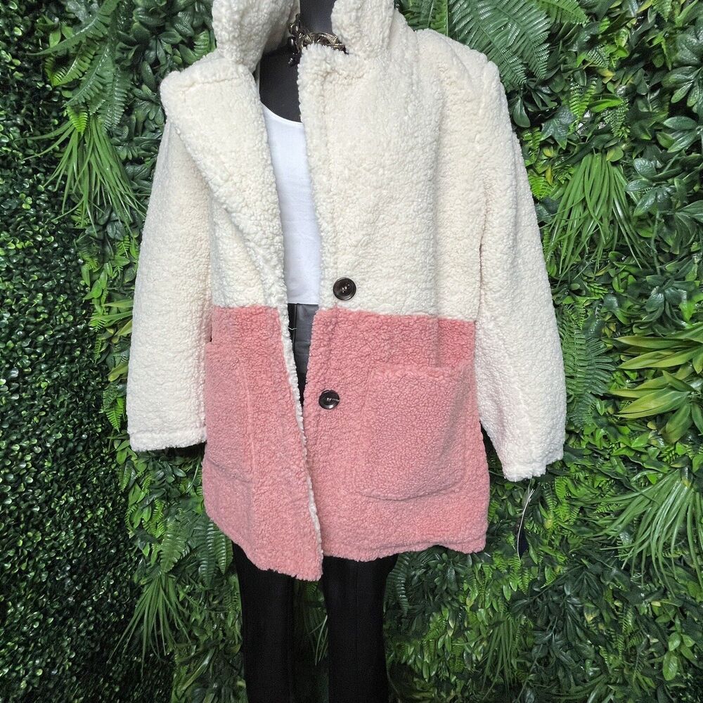 FRENCH CONNECTION Women Jacket XL Blazer Cream Pink Teddy Fleece Faux Fur NWT - Picture 7 of 10